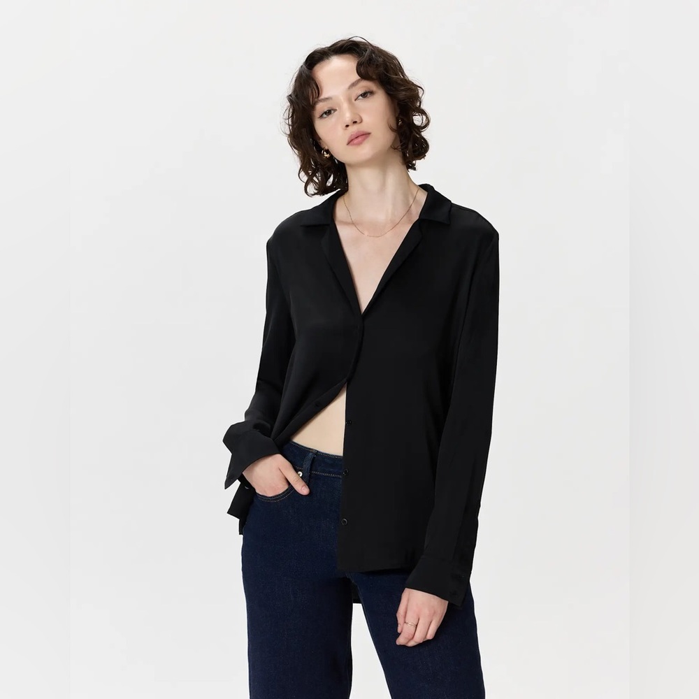 Quince Washable Stretch Silk Notch Collar Blouse - Black - Picture 2 of 7